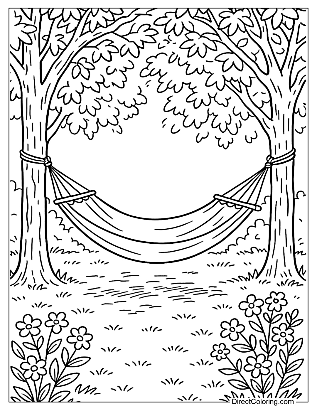 Coloring page of a fabric hammock hanging between two trees in a quiet garden, with sunlight filtering through the foliage and a few small flower bushes blooming below.